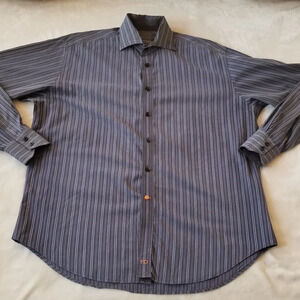 Thomas Dean Mens Gray Striped Sz L Shirt 2Ply Yarn